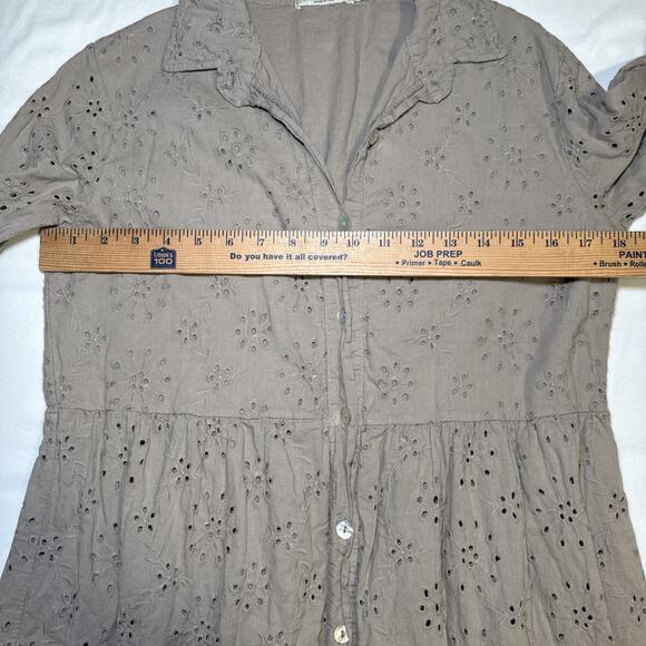 Laura Bianchi Womens M Tan Cotton Eyelet Tiered Button Down Midi Shirt Dress EUC - Picture 4 of 12
